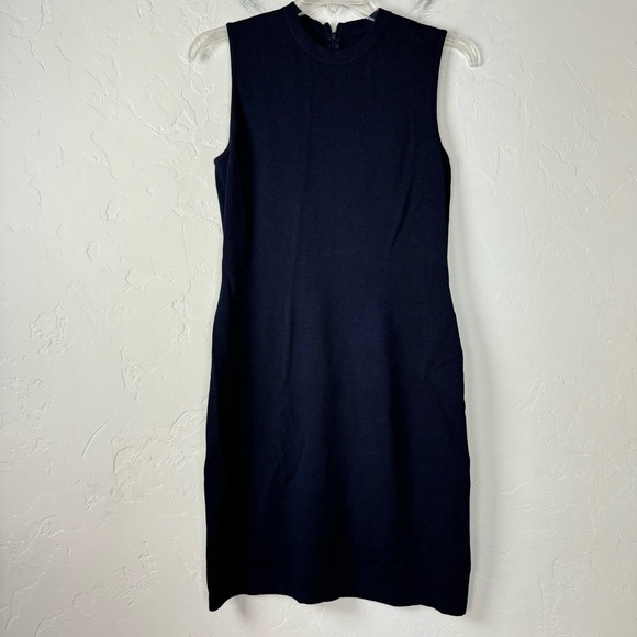 St John Basics Dress Sweater Santana Knit‎ Navy Blue Solid Dark Sleeveless Zip
